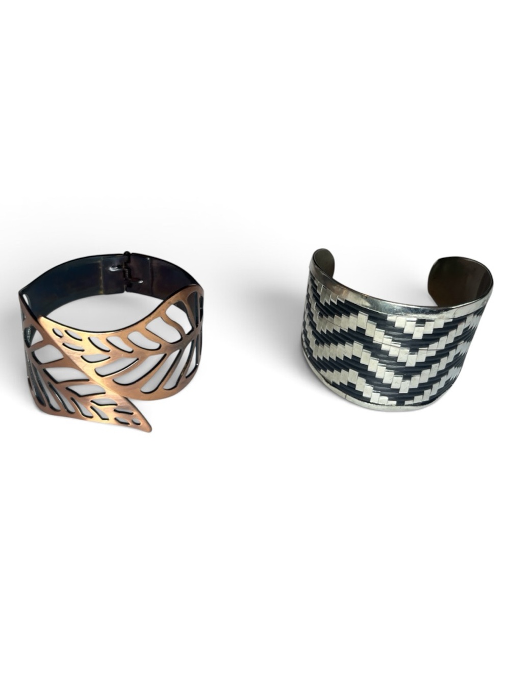 Copper Leaf Cutout Cuff Bracelet with Silver and Black Cuff